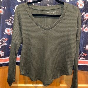 Aeropostale Women's Dark Green Ribbed Long Sleeve Top